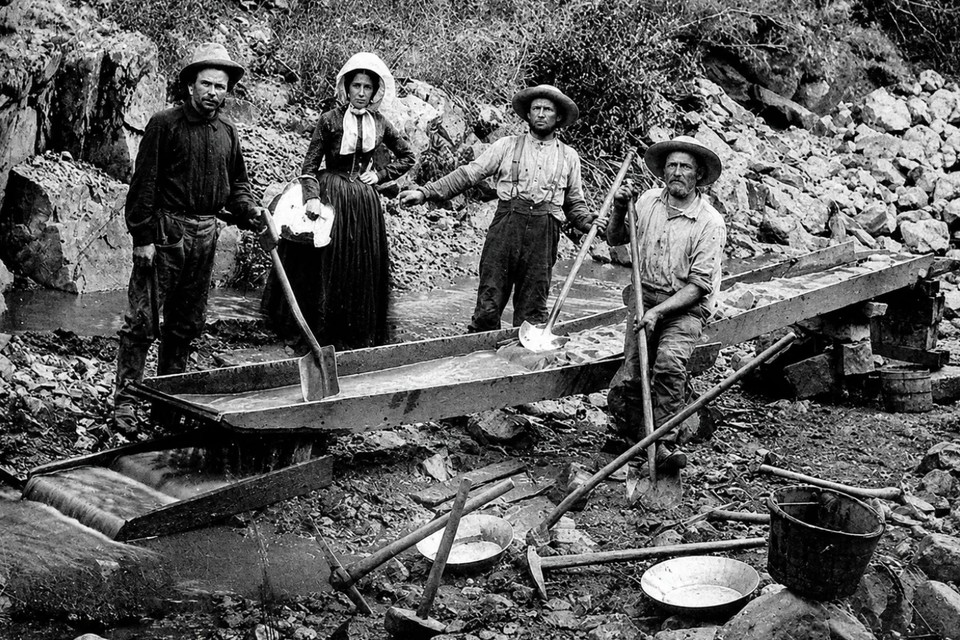 Historic gold miners using picks and shovels