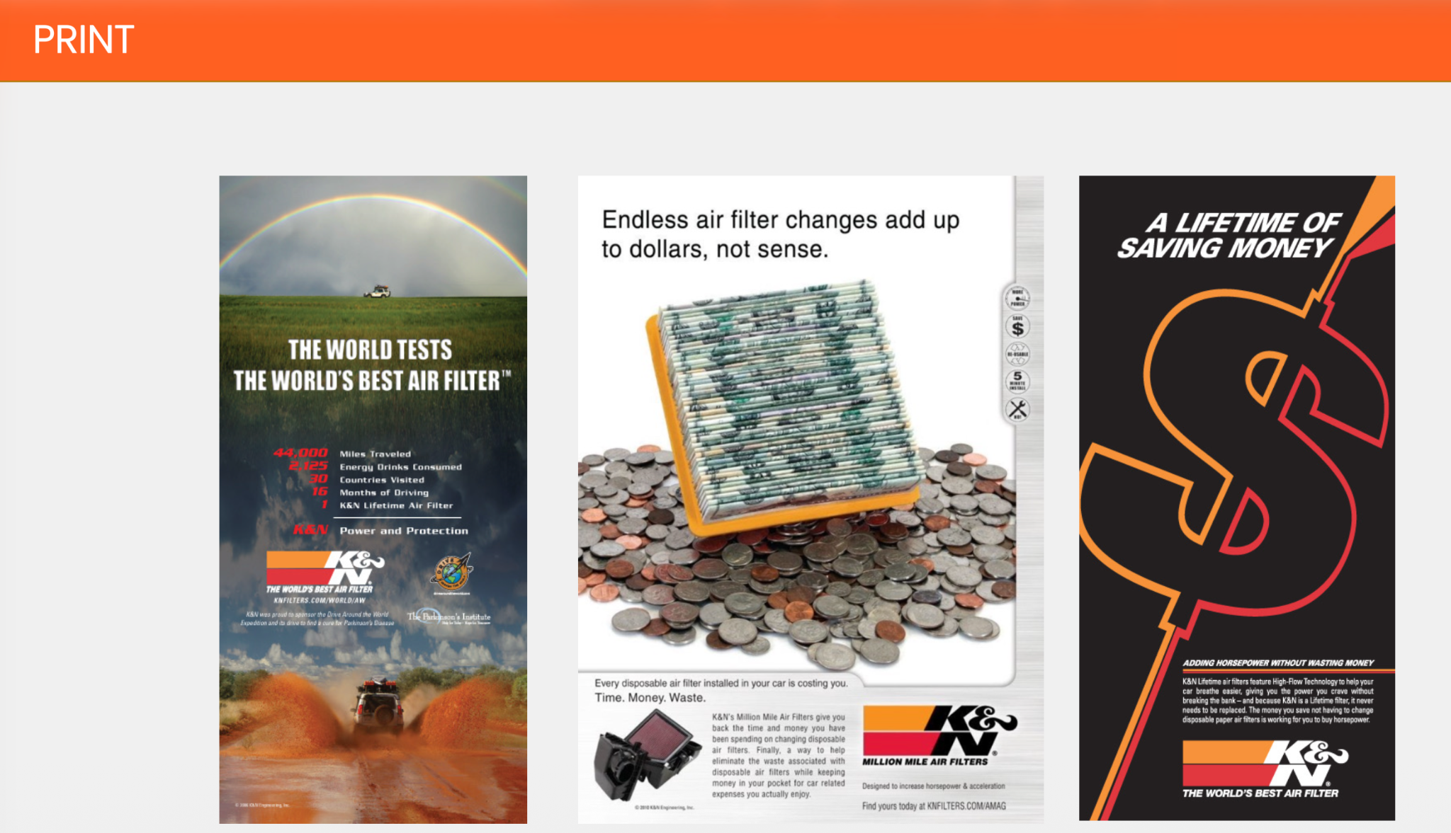 K&N print advertising showing global durability, lifetime savings and reusable filter value