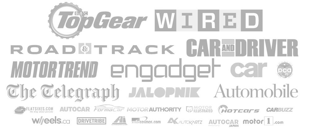 Publication logos including WIRED, Road and Track, Car and Driver, MotorTrend, Engadget, CAR and others